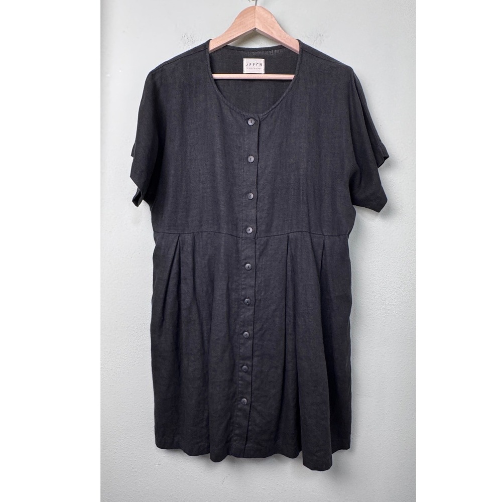 Offon Clothing Black Button Front Linen Pleated Waist Dress Pockets Lagenlook XL